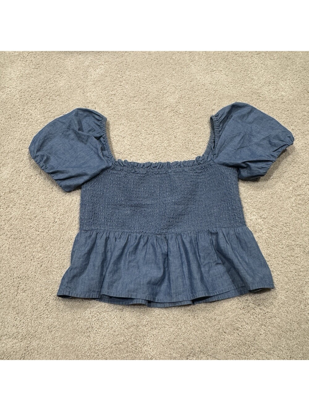 J Crew Shirt Womens Large Blue Off Shoulder Puff Sleeve Smocked Ruffle Peplum